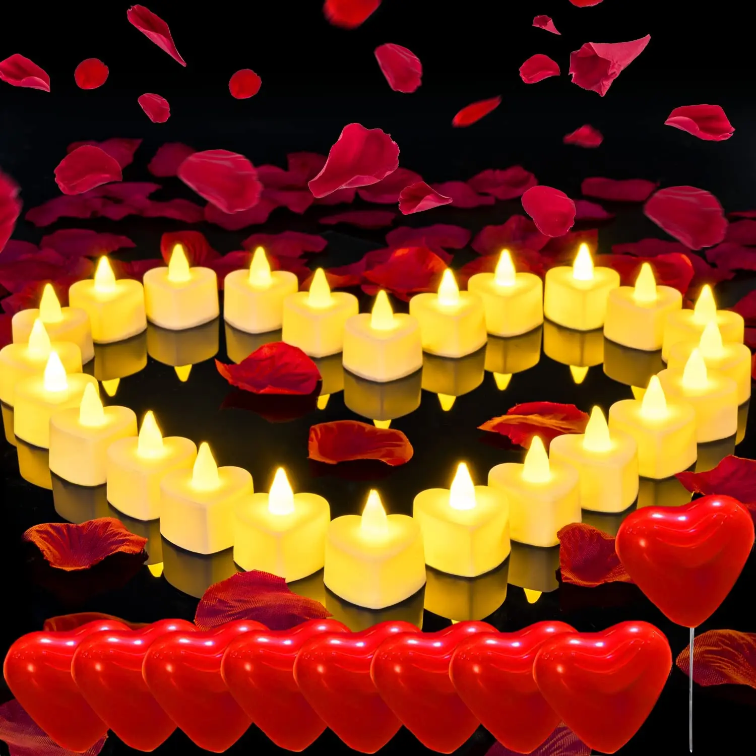 Festive & Wedding Decoration Set - 1000 Plastic Artificial Rose Petals, 30 Burgundy Hearts Balloons, 24 Battery Candles for Valentine's Day Proposal, Home Decor to Create Memorable Moments, Table Decor