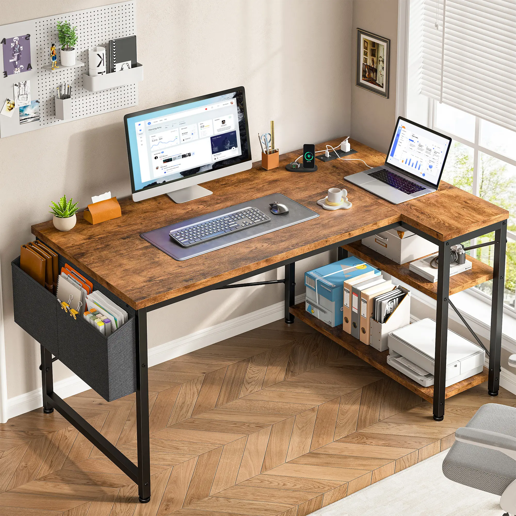 【On SALE】Raybee 47‘’ L-Shaped Gaming Desk for small space, Computer Desktop with Power Outlets & USB Ports, Reversible Corner Table, Side Shelves Bag for Home Office Use & Space-saving, Children's Study Desks, Commercial Desks, Compact Office Desk