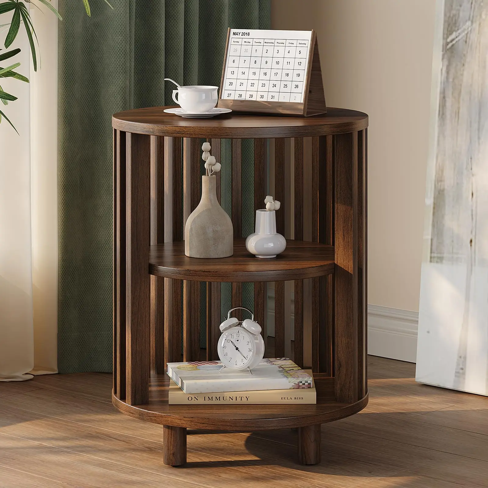 【SummerFinds】ONBRILL Round End Table, Wood Bedside Table, Mid Century Modern Nightstand with Open Storage Shelf, 3 Tier Small Side Tables for Living Room, Bedroom, Curved Profile Design