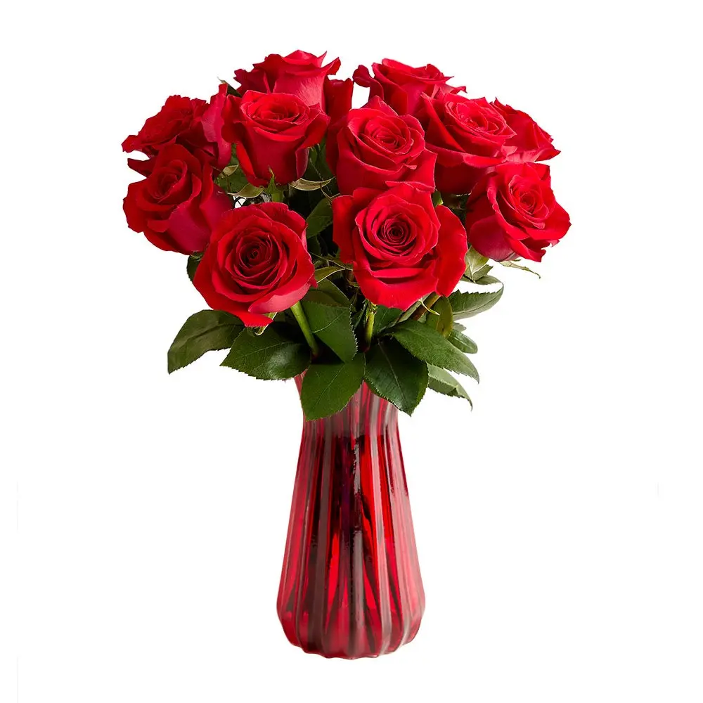 1800 Flowers - 12 Stem Red Roses Bouquet with Red Vase, Fresh Flowers