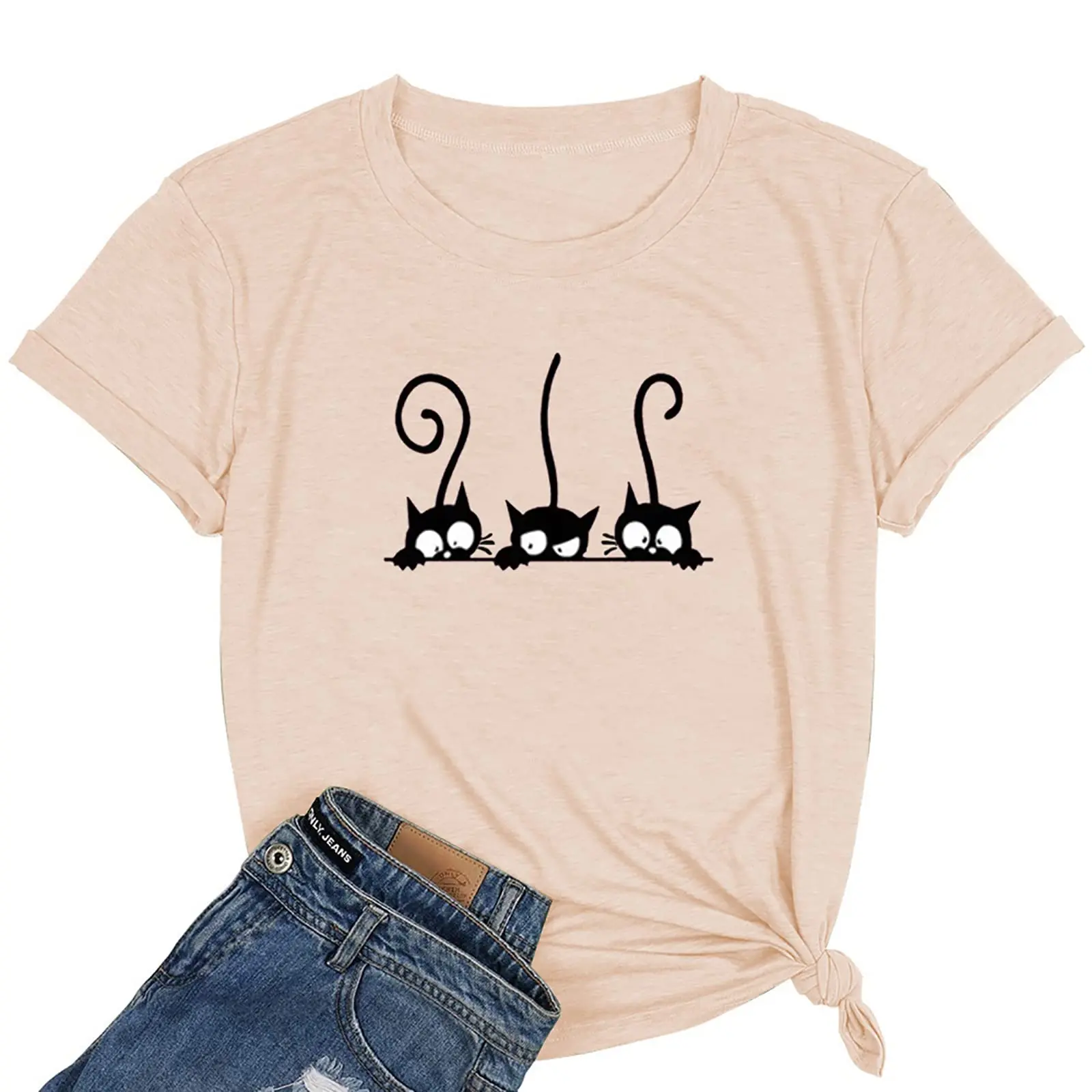 Cicy Bell Women's Three Cats Pattern Solid Color Printing O-Neck Simple T-Shirt Summer Casual Basic Short-Sleeved top