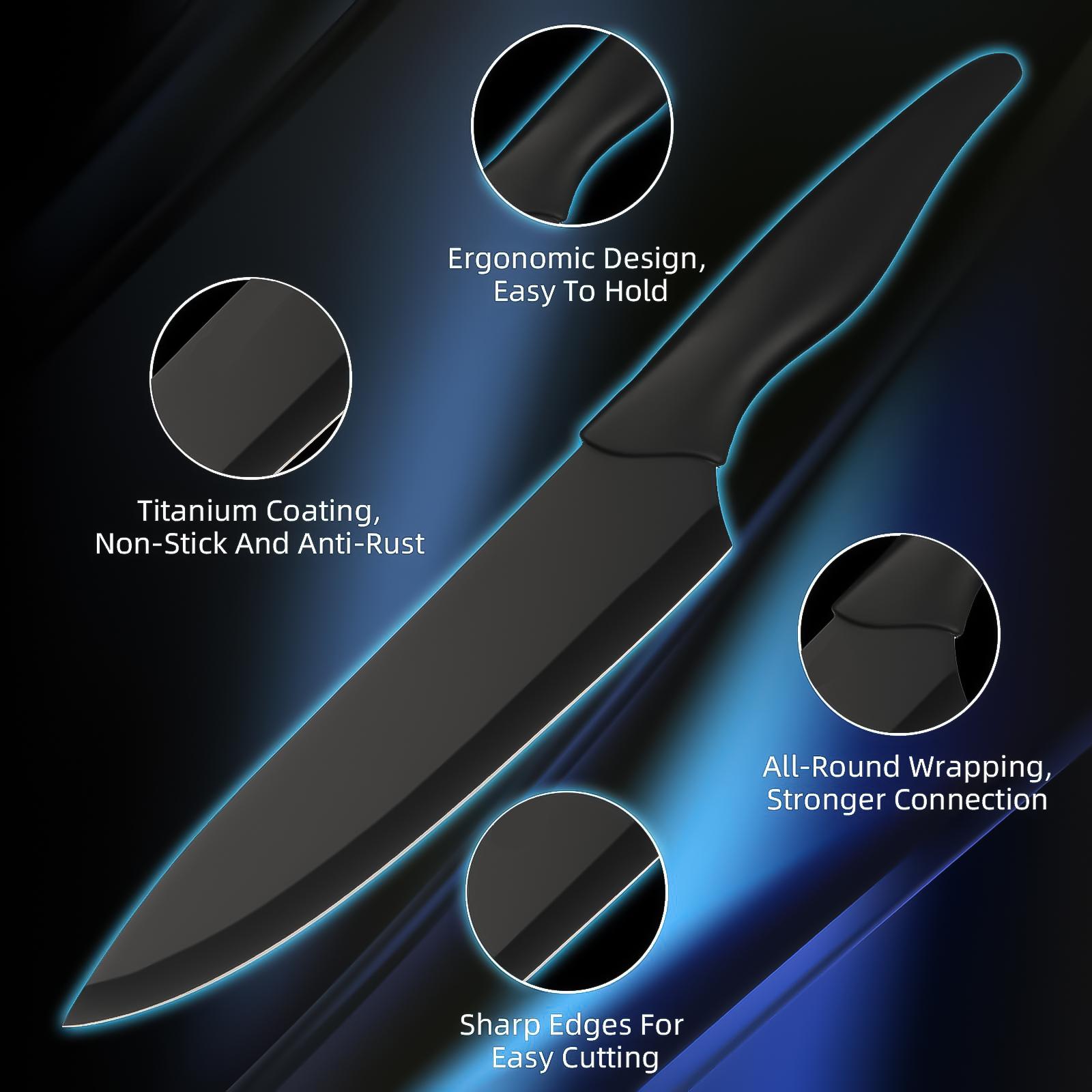 Premium 15-piece stainless steel knife set with built-in sharpener. Includes kitchen knives, a chef's knife, a Japanese knife, a meat cleaver, a bread knife, a steak knife, a utility knife, a paring knife, and scissors. Washable. Gift set.