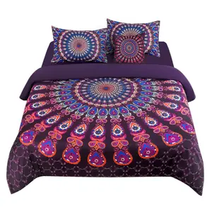 PiccoCasa 5Pcs Duvet Cover Set Bohemian Bedding Set, Microfiber Polyester Comforter Cover with Zipper Closure and Corner Ties, Including Fitted Sheet and Throw Pillowcase Purple Queen