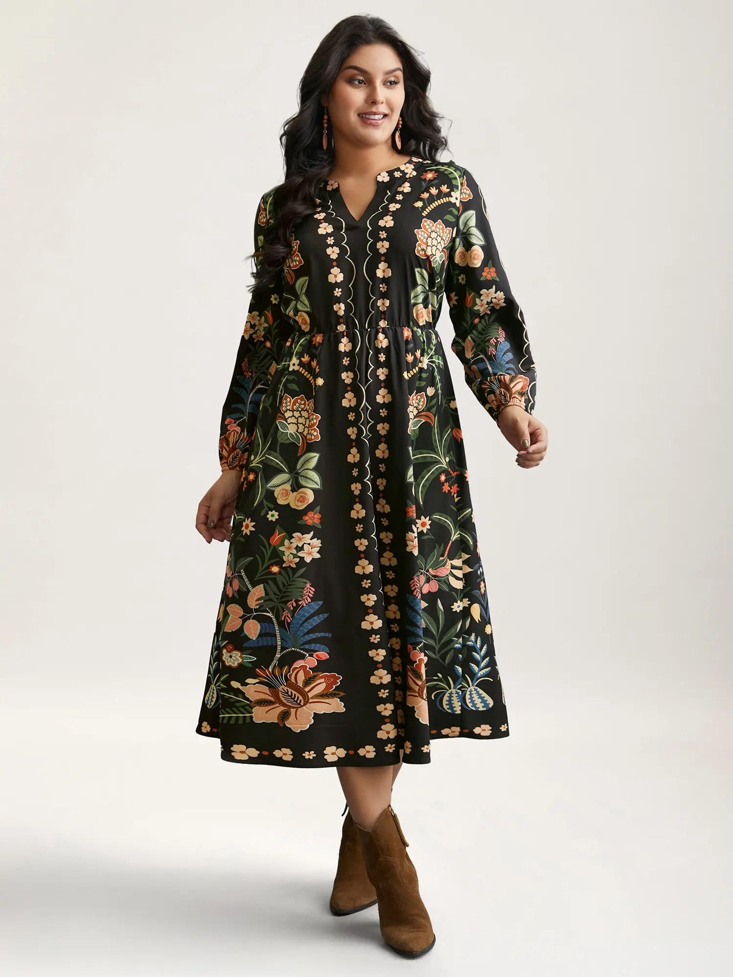 【Cottagecore Dress】 BLOOMCHIC Floral Print Notched Collar Elastic Waist Dress , Fit Casual,Summerfinds