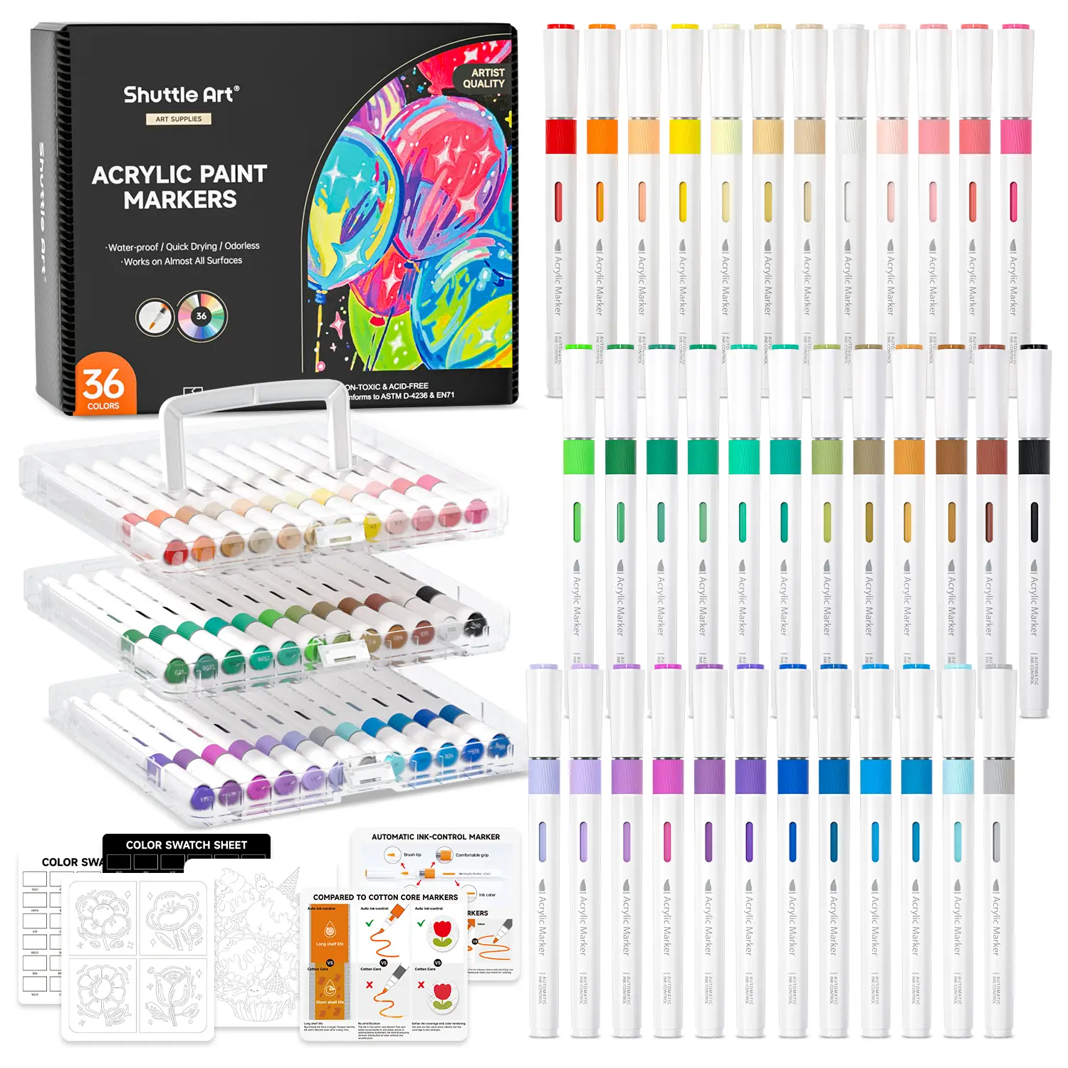 Shuttle Art-Automatic Ink Control Acrylic Paint Markers, 24/36/60/96 Colors Brush Tip Acrylic Paint Pens for Rock Painting, Ceramic, Wood, Canvas, Glass, Stone, Fabric, Card Making, DIY & Art Supplies modelpaintingmarkers,Pastel,Metallic,Storage Box