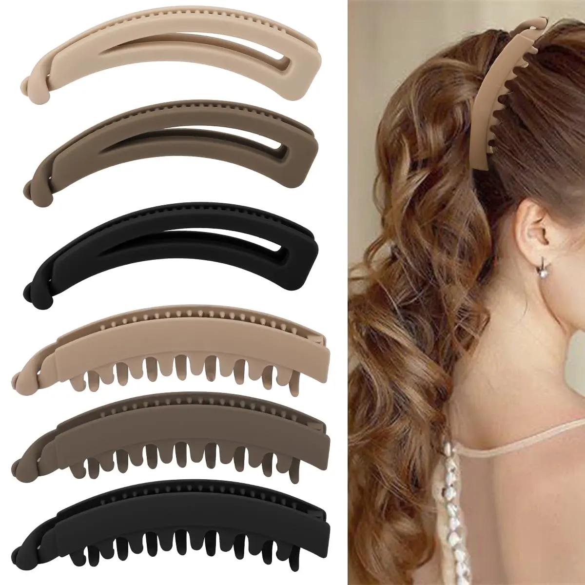 Women's Matte Acrylic Solid Elongated Sprout Banana Jaw Clips (6PCS) - Medium Strong Hold Female Everyday Hair Accessories for Ponytails, Buns, Thick-Thin Locks, Volumizing Hair Clips