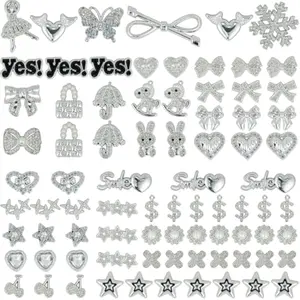 80 Pcs Big Junk Charms Bulk, Bling Flat Back Charms for Junk Socks, Silver Rhinestone Charm for Socks, Hearts, Bows, Stars, Bunnies, and More Cute DIY Decorations