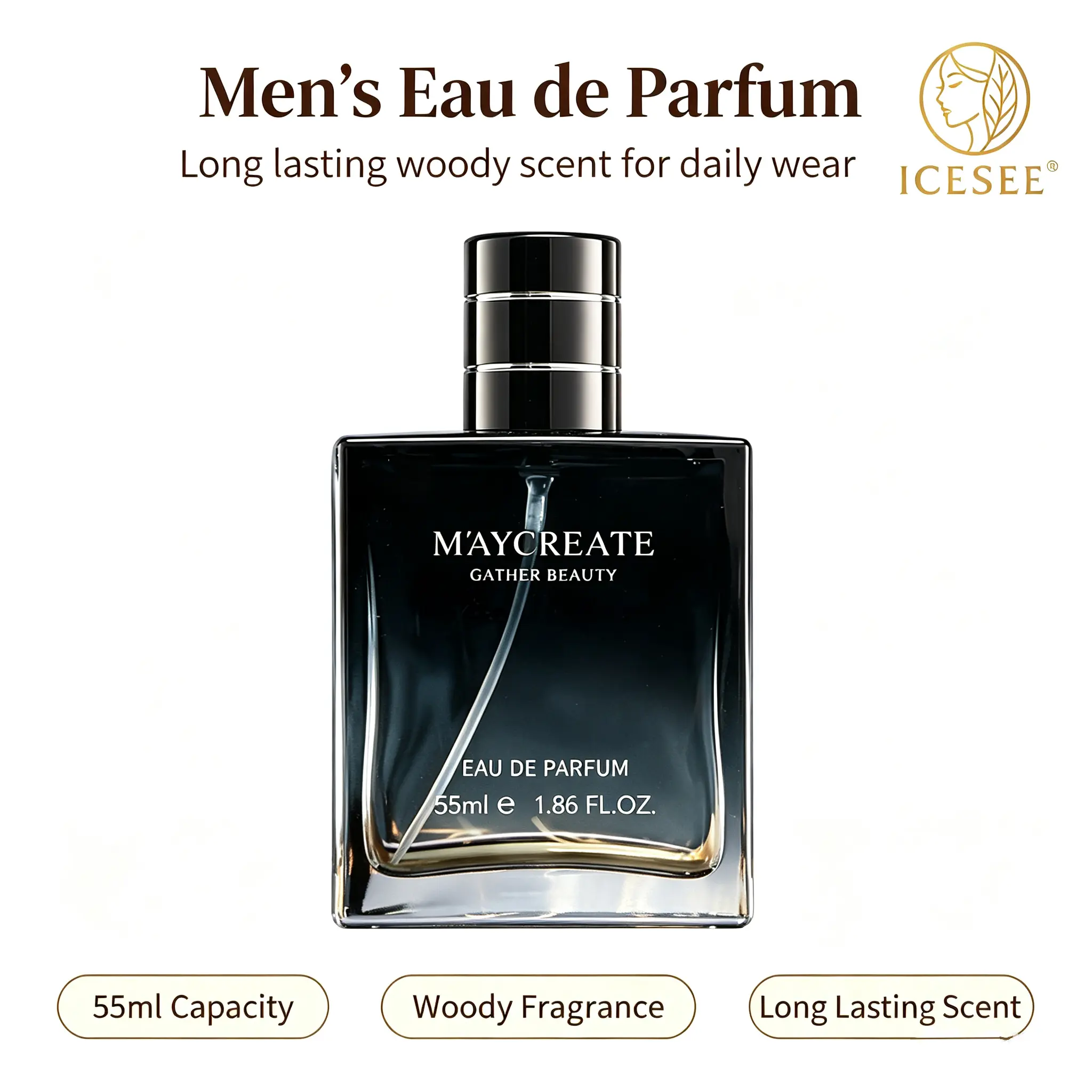 ICESEE Midnight Woody Men's Cologne, Long-Lasting Eau de Parfum with a Rich Aromatic Woody Scent for Day & Night, 1.86 oz / 55ml