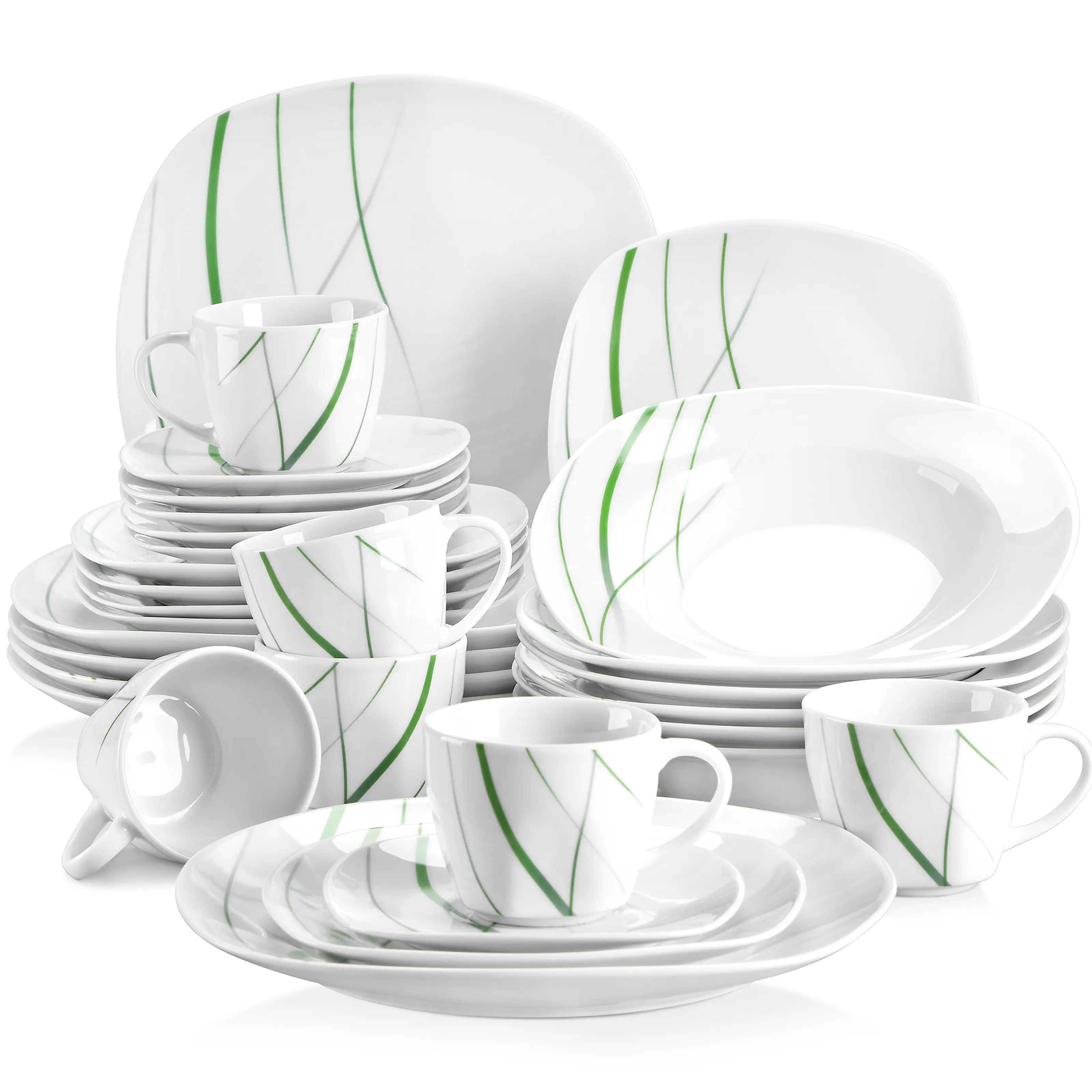 VEWEET Aviva Porcelain Tableware Set - 24/30 Pieces Classic Dinner Service for 6, Elegant Green, Microwave & Dishwasher Safe Porcelain Dishes Set