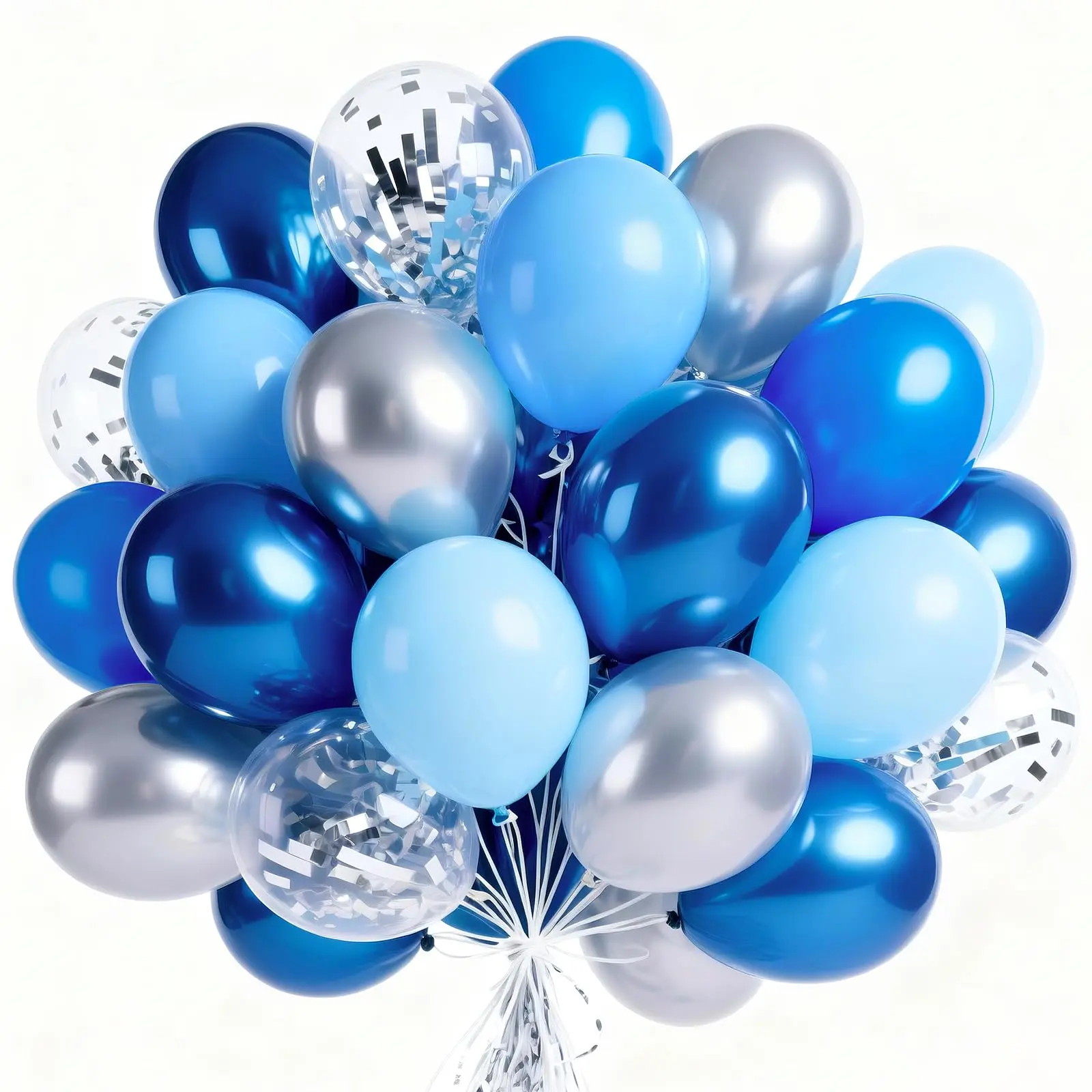 PartyWoo 66pcs 12in Thick Metallic Latex Balloons - Light Pastel Pearl Blue, Chrome Silver Confetti - Balloon Arch, Blue Baby Shower, Birthday Theme Decor, Blue Baby Shower Decor, Balloon Arch Balloons
