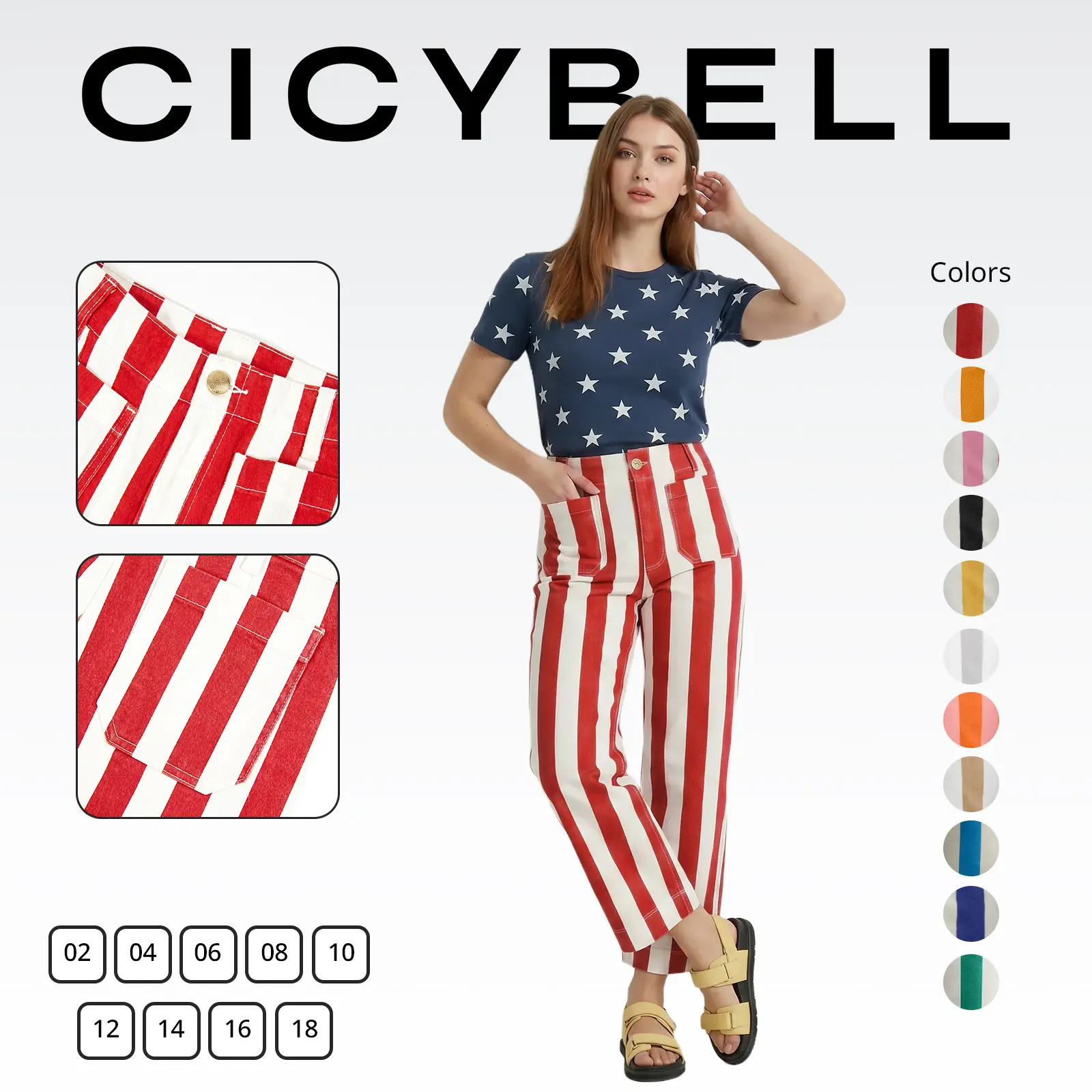 Cicy Bell Womens Cropped Striped Jeans Casual High Waisted Stretchy Straight Leg Denim American flag Pants with Pockets