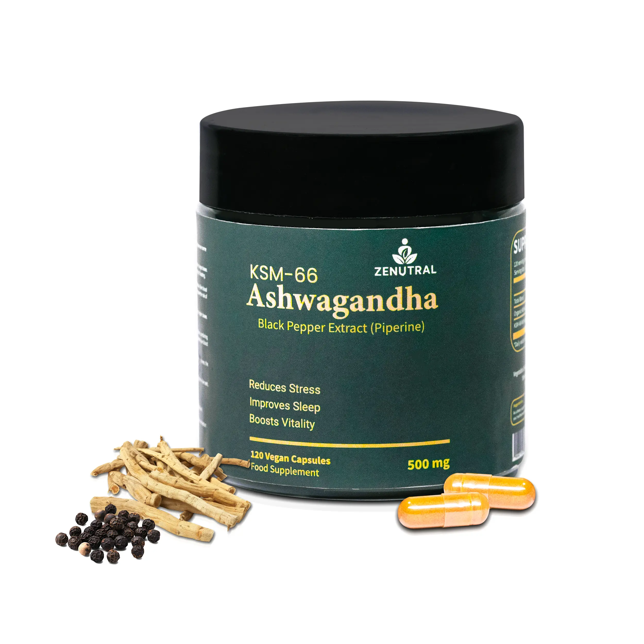 Halal KSM-66 Ashwagandha Root Extract Vegetarian Supplement, 500mg Capsules with Black Pepper, 120 Vegan Capsules for Adult Daily Calm & Balance Support