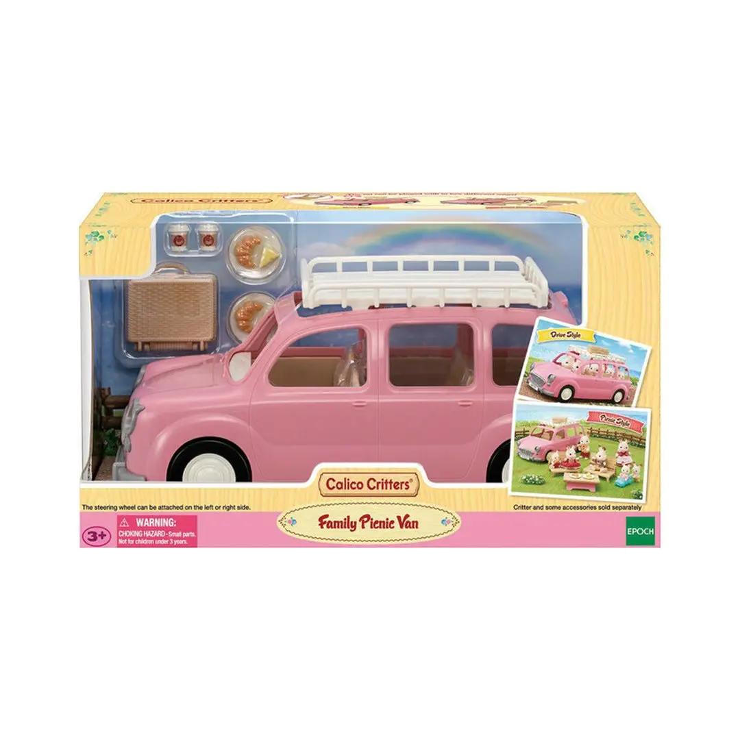 CALICO CRITTERS Critter Dolls Family Picnic Van Toy Car Set - Kids' Doll Accessory Set with Outdoor Seating, Croissants, Cheese & Baby Adventure Supplies