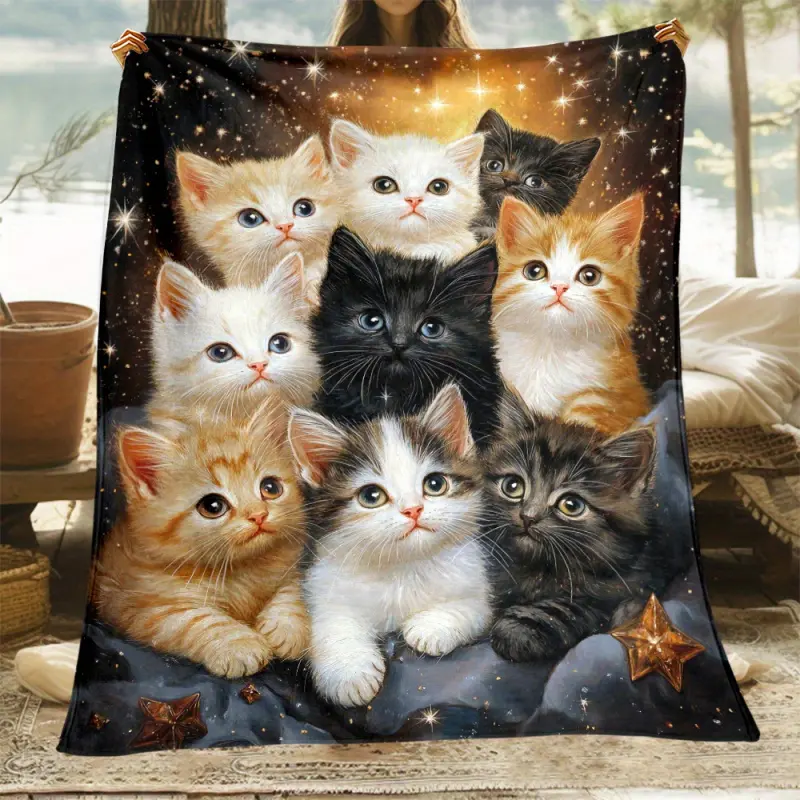 1Pc Cat Pattern High-Definition Printed Lightweight Flannel Blanket - Cozy Throw, Soft Fluffy, Warm Decorative Plush, Ideal for Living Room Sofa, All-Season Nap Use, Gift Option, Cozy Throw Blanket