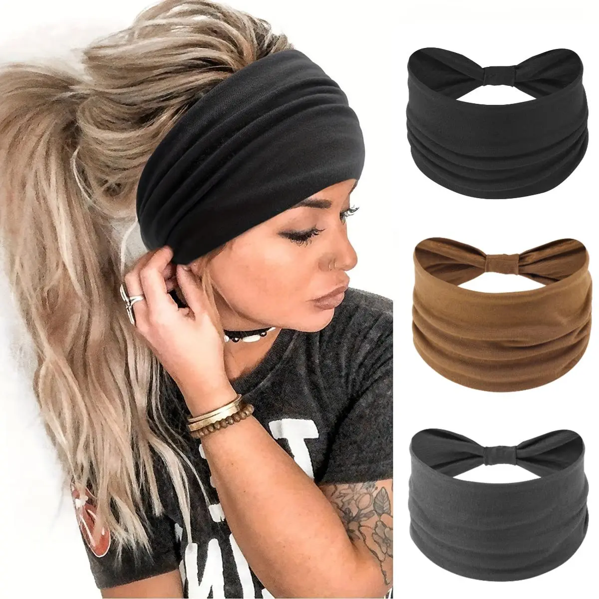 Women's Wide Adjustable Non-Slip Sweat-Absorbing Workout Headbands - Super Soft Elastic Solid Color Hair Wraps for Yoga, Running, Adjustable Headband, Sweat Absorbing Headband