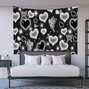 Cute Black and White Heart Tapestry Fantasy White Butterfly Aesthetic Tapestry Hippie 2000s Y2K Teen Girls Tapestries Wall Hanging for Women Nursery Bedroom Living Room Bedroom College Dorm Tapestry Cotton