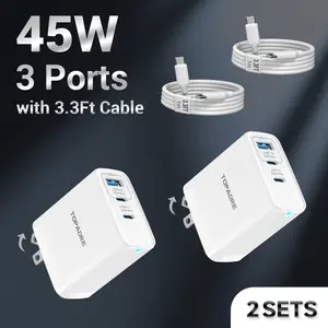 2-Pack 45W Super Fast Charging USB-C Wall Charger Block with 2-Pack USB-C Cable for iPhone 17 Air /16/15，Foldable Plug, Samsung Galaxy Series - White Set