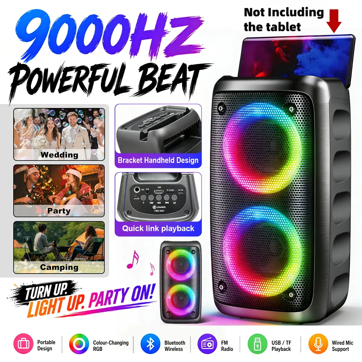9000Hz Bluetooth Wireless Dual Speaker, Portable Speaker, Bass PA Speaker with RGB Ambient Light Effects, Quick Link for Guitar, Includes Microphone, Ambient Light, TWS, FM, USB, Audio Cable Input, Long Battery Life, Bluetooth 5.0, Built-in Equalizer, Par