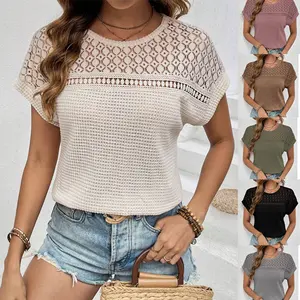 Women's Crochet Tops Short Sleeve Knit Shirts Casual Crewneck Hollow Out Pointelle Summer Blouses