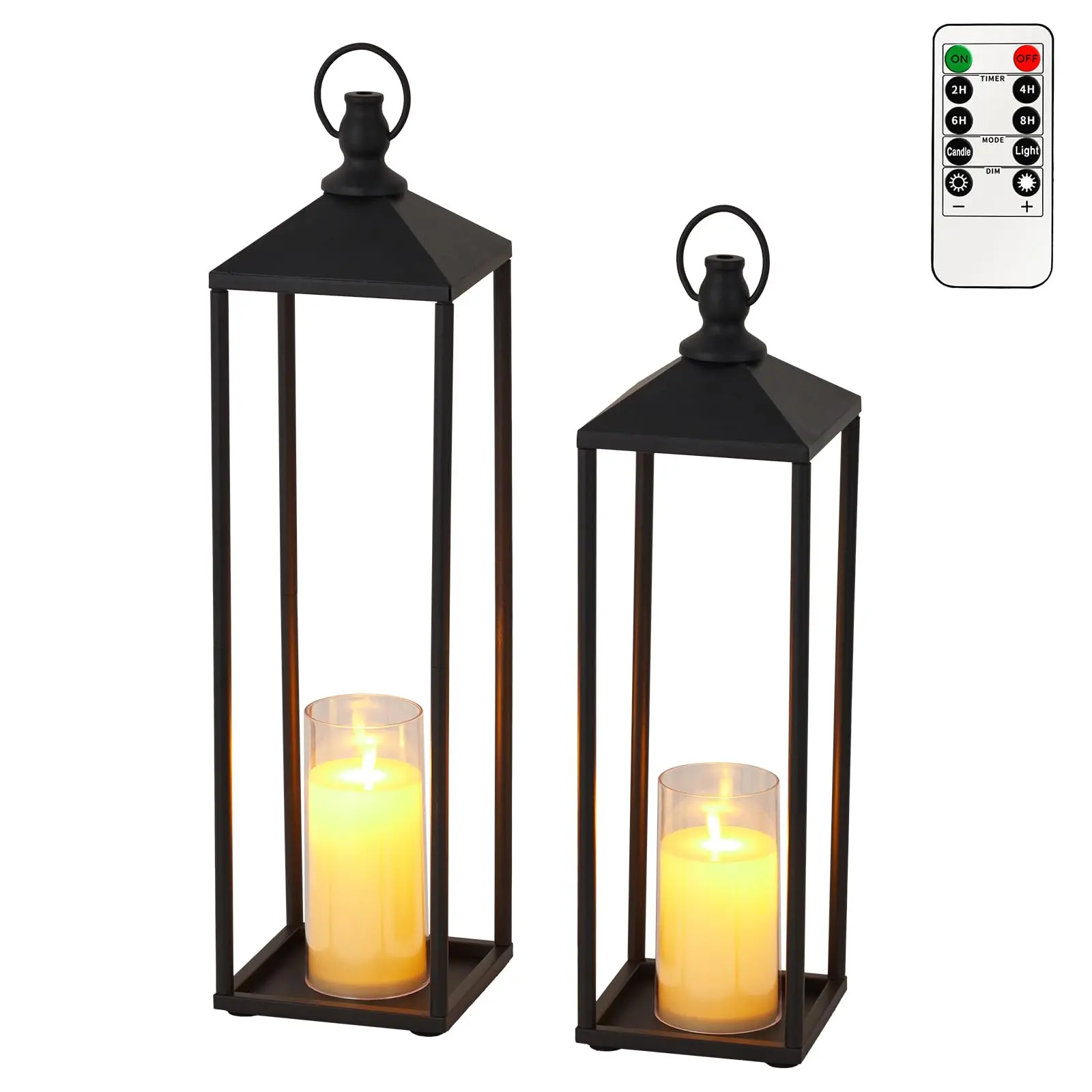 Garvee 19''+22'' Modern Black Lanterns Decor with Flameless LED Candles, Vintage Indoor & Outdoor Lanterns Candle Lantern, Christmas Festival Decor for Patio Porch Garden
