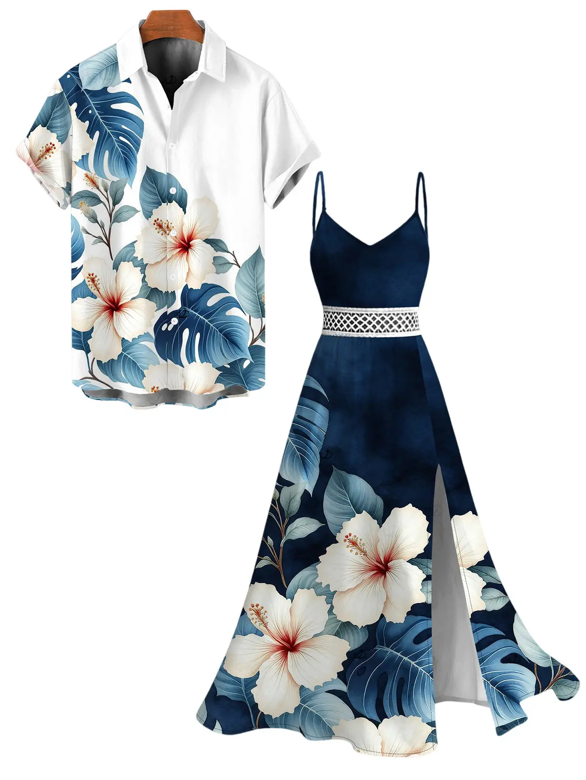 DRESSLILY 2026 Two-tone Vacation Couple Outfit Women's Hibiscus Floral Leaf Print Slit Lace Hollow Out Long Dress and Men's Button Up Shirt Matching Set
