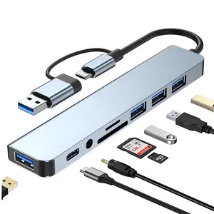Portable 8-Port USB HUB, Type C Ports, USB 3.0/2.0 Micro SD TF Reader, Universal Adapter for Laptop Macbook Pro iPad USB-C Devices