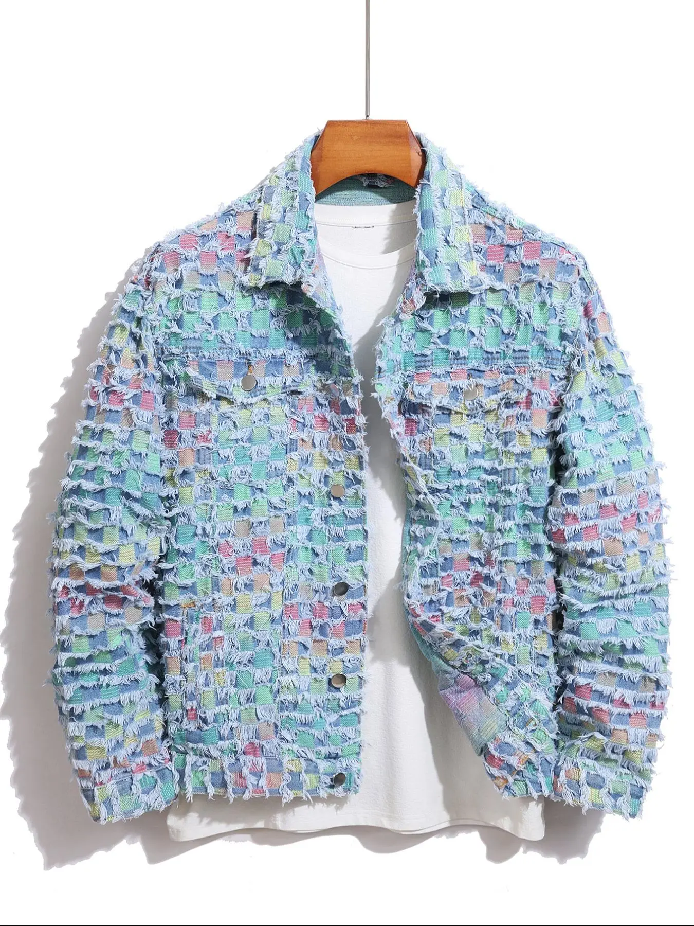 Men's Raw Trim Button Pocket Denim Jacket, Loose Street Style Long Sleeve Collared Plaid Checked Outerwear for Daily Wear, Workwear Jacket, Casual Fashion Jacket, Stylish Jacket, Streetwear Jacket, All Season Jacket