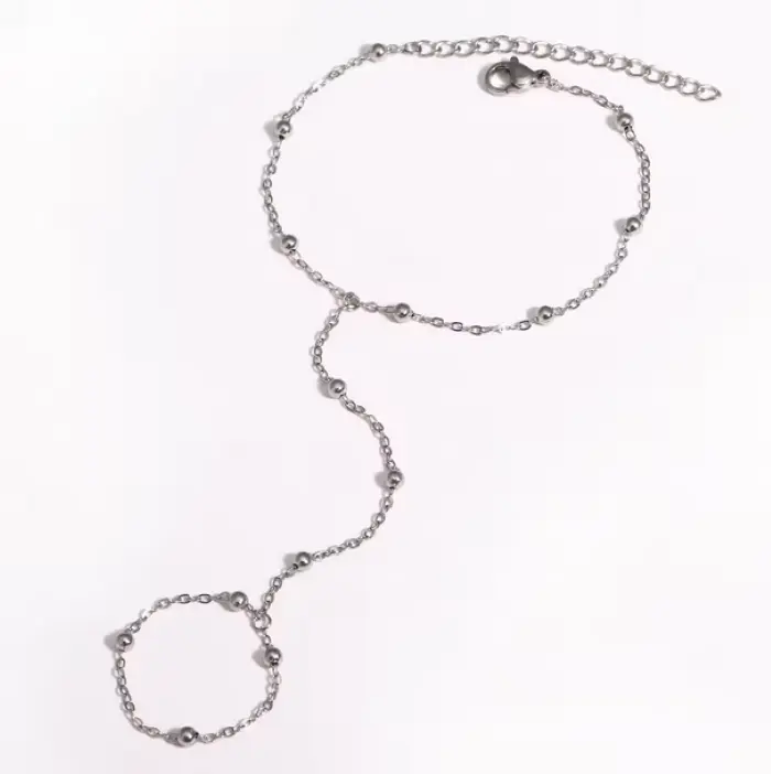 18K Stainless Steel Round Beaded Chain Connected Ring Bracelet - 8" (Silver, Gold)