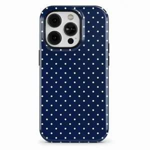 Navy Blue Polka Dot Tough Phone Case Shockproof Heavy Duty, Simple Elegant 2-in-1 Durable Protective Cover for iPhone 11 12 13 14 15 16 17 Pro Max Plus