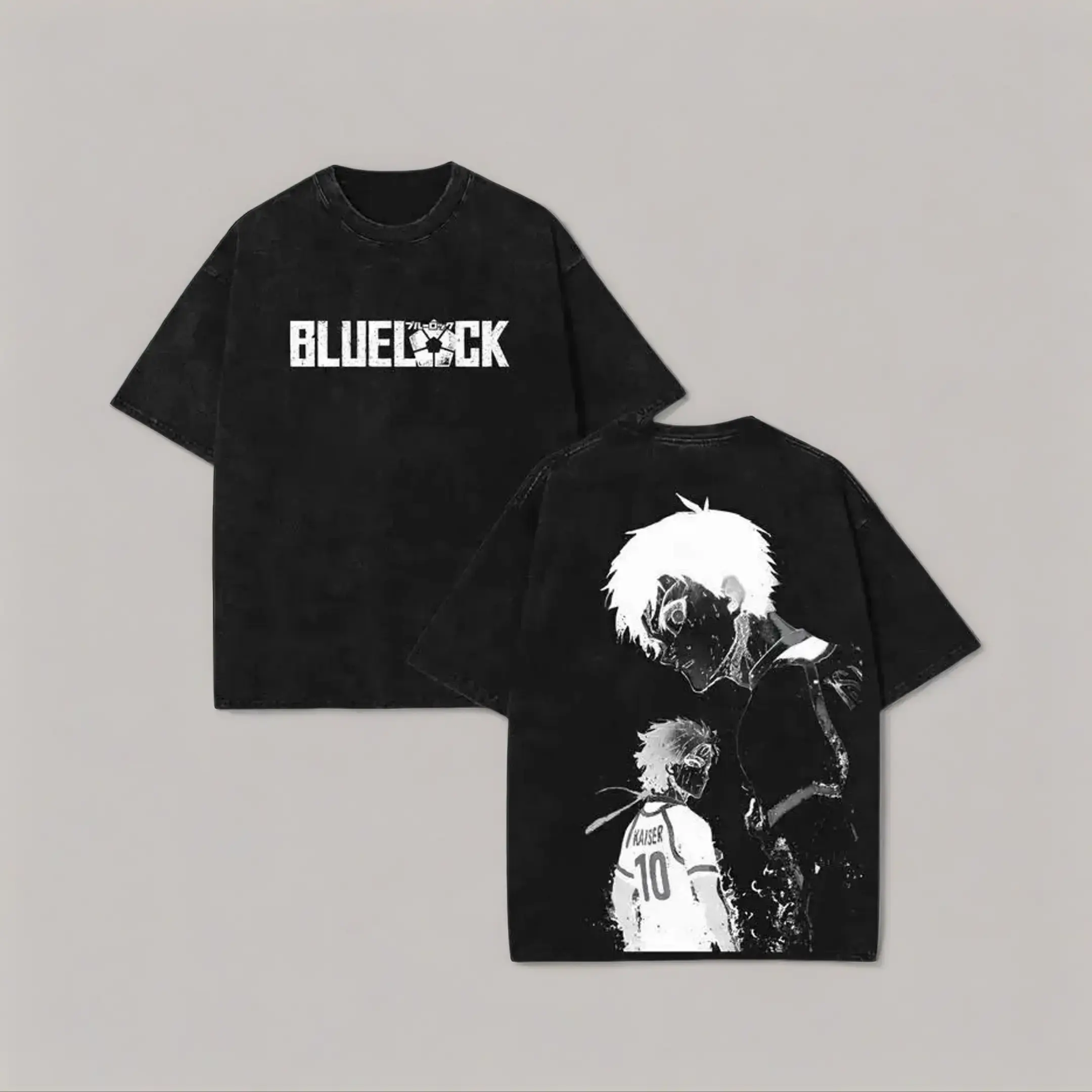 Men's Unisex Oversize KAISER x ISAGI Blue Lock Anime Double Printed Vintage Washed Crew Neck Short-Sleeve Heavy Cotton T-Shirt - Valentine Gift for Anime Fans, Everyday Wear