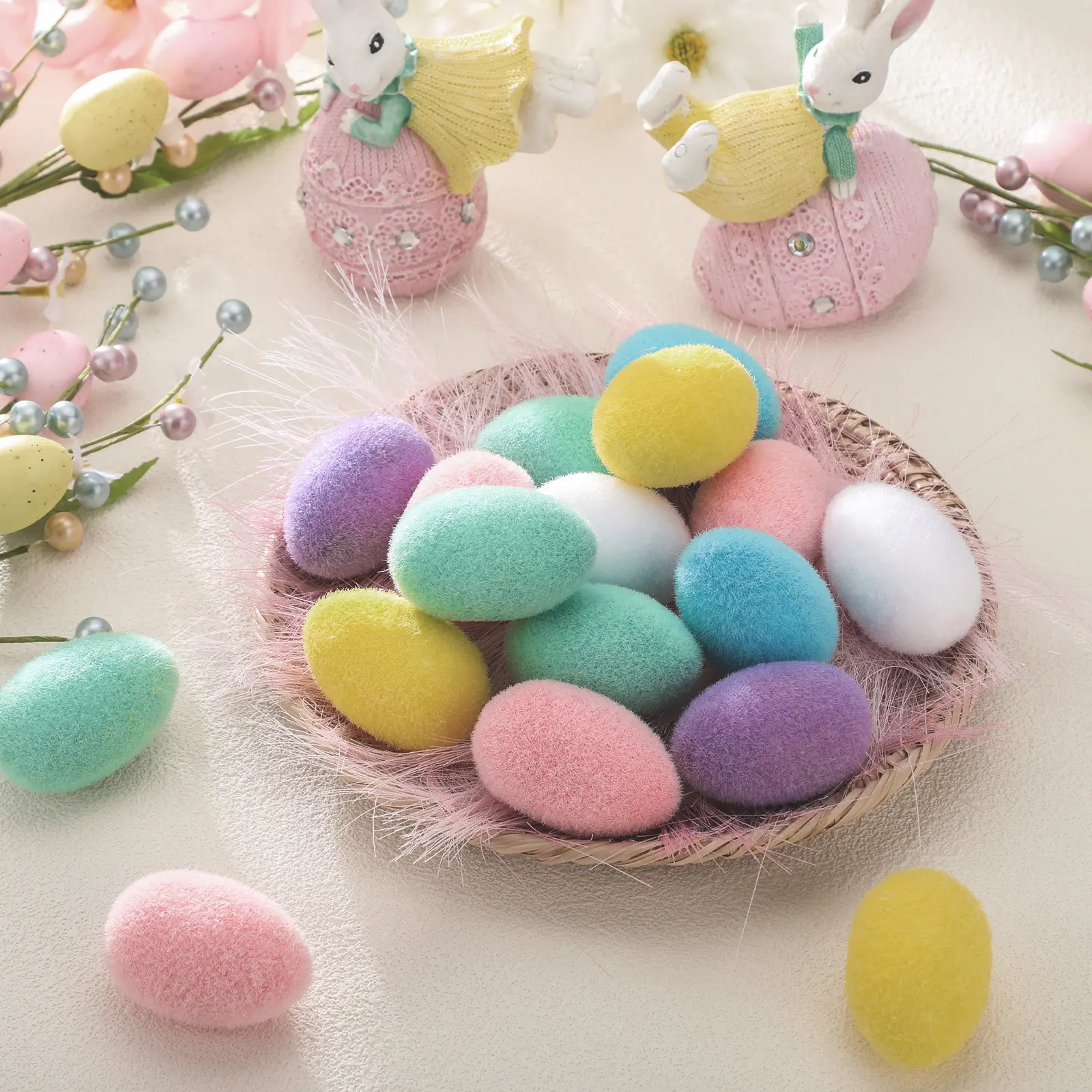 24/36Pcs Flocked Easter Eggs Bunny Easter Centerpieces Ideas for DIY Easter Brunch Tablescapes Easter Egg Hunt Events Easter Gift Basket Vase Fillers Easter Tree Decorations for Spring Home Table Decor