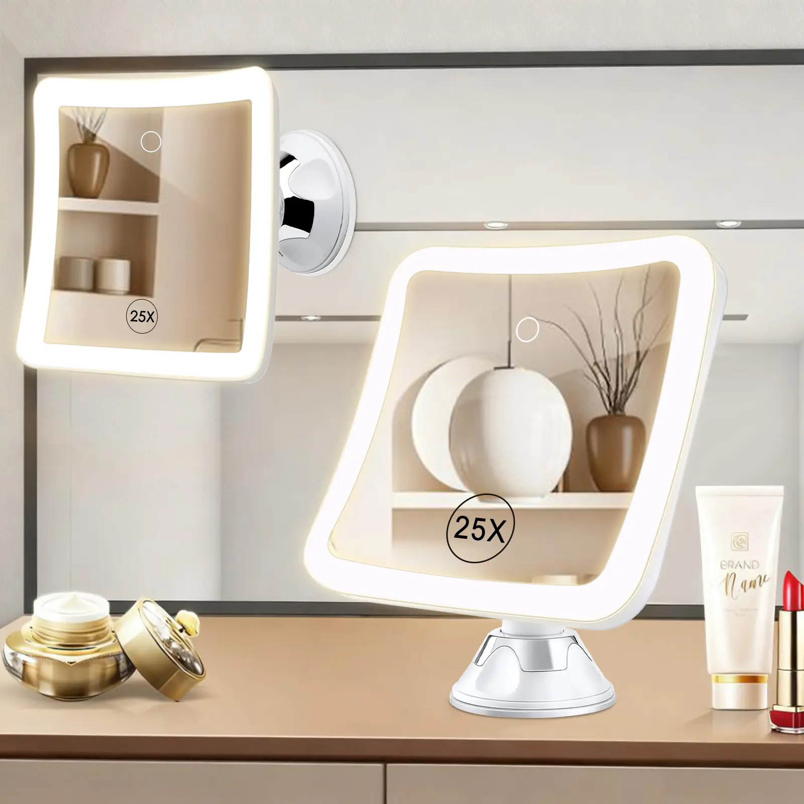25X Magnifying Makeup Mirror With Lights, 2000mAh Rechargeable Vanity Mirror With 3 Color Lights, Touch Dimmable Lighted Makeup Mirror With Magnification, 360° Rotation, Travel Accessories, Upgraded Suction Cup, tweezers,  Perfect For Bathroom, Gift