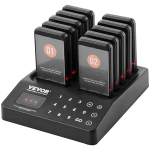 VEVOR Wireless Restaurant Pager System with Touch Keyboard, 400m Long Range, 10 Vibe-Flash-Beep Buzzers, LCD Display, 24H Use, 16 Pits, 250mAh Rechargeable Battery, LED Lights, 1 Keyboard Calls All Pagers at Once for Restaurants, Hotels Customers