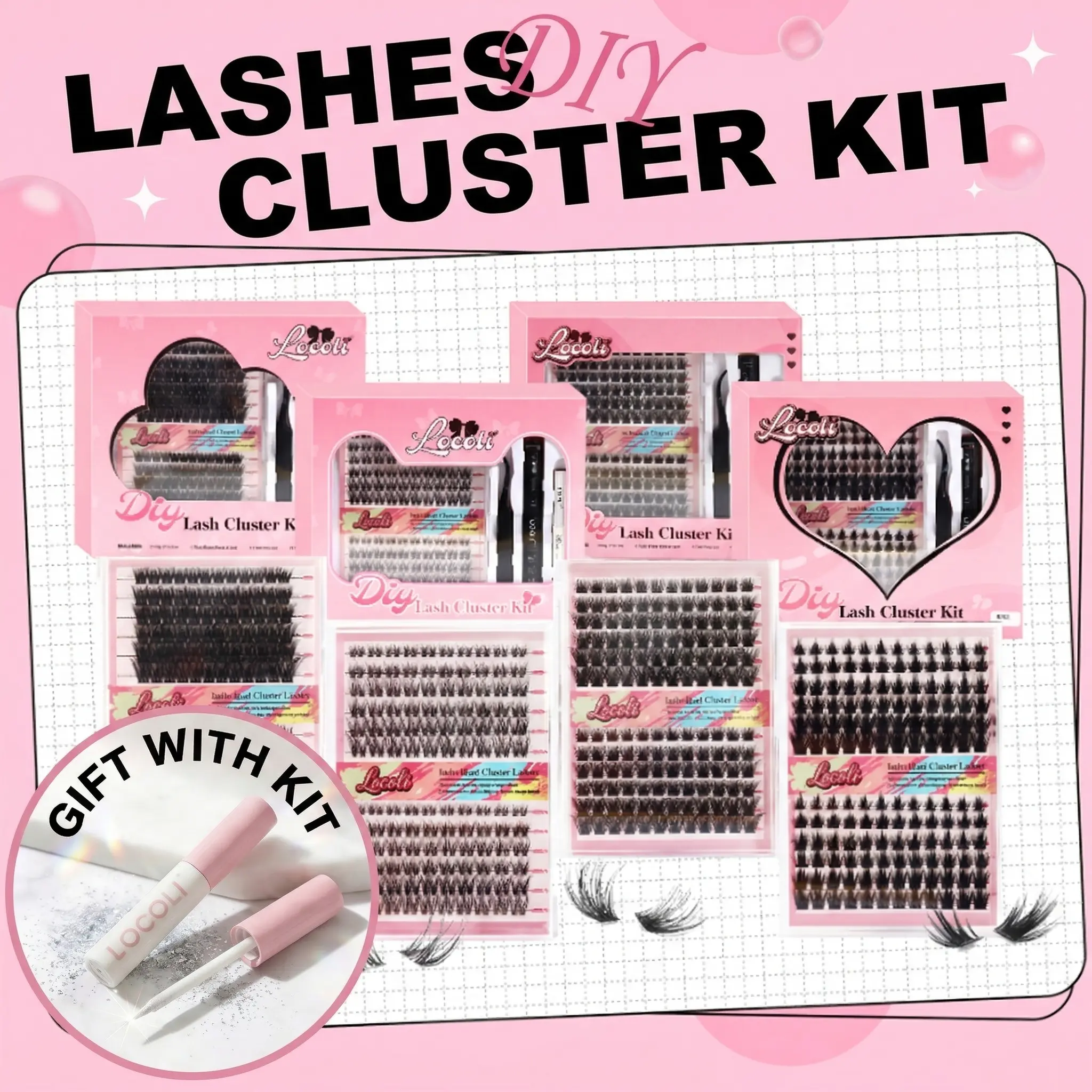 LOCOLI  Lash Clusters Kit |Fluffy cat|Coco|Fox Mange|Pure Eyelash Extensions Kit,Self Grafting False Eyelashes with Tweezers&Glue&Remover Waterproof,Beginner Friendly Starter Kit