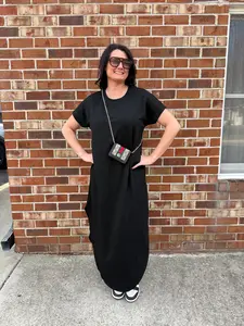 Long black short-sleeved dress