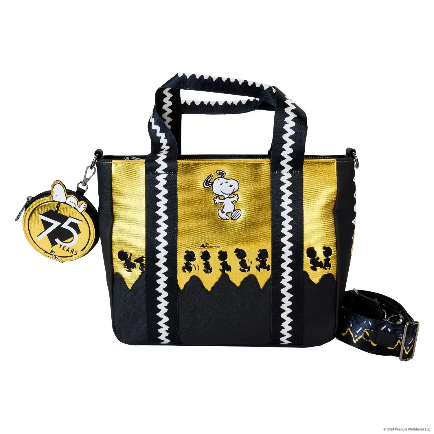 Women's PU Leather Top Handle Tote Bag with Coin Pouch - Peanuts 75th Anniversary Peanuts Gang Embroidered Silhouettes, Shiny Background Snoopy Graphic Design, Cute Coin Purse, Cartoon Animal Figure Women's Tote Bags, Cute Animal Aesthetic, Anniversary Gi