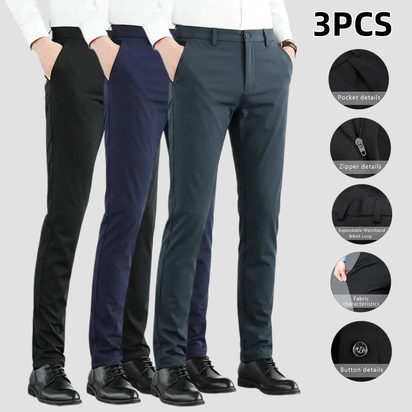 Men's 3-Pack Slim Fit Chino Pants, Straight-Leg Stretch & Wrinkle-Resist Trousers for Chic Business Casual Menswear, Button, Stretch Polyester Masculine Business Work Clothes, All Seasons, Plain, Polyester Blend, Mid Waist, Slim Fit Sharpens Your Business