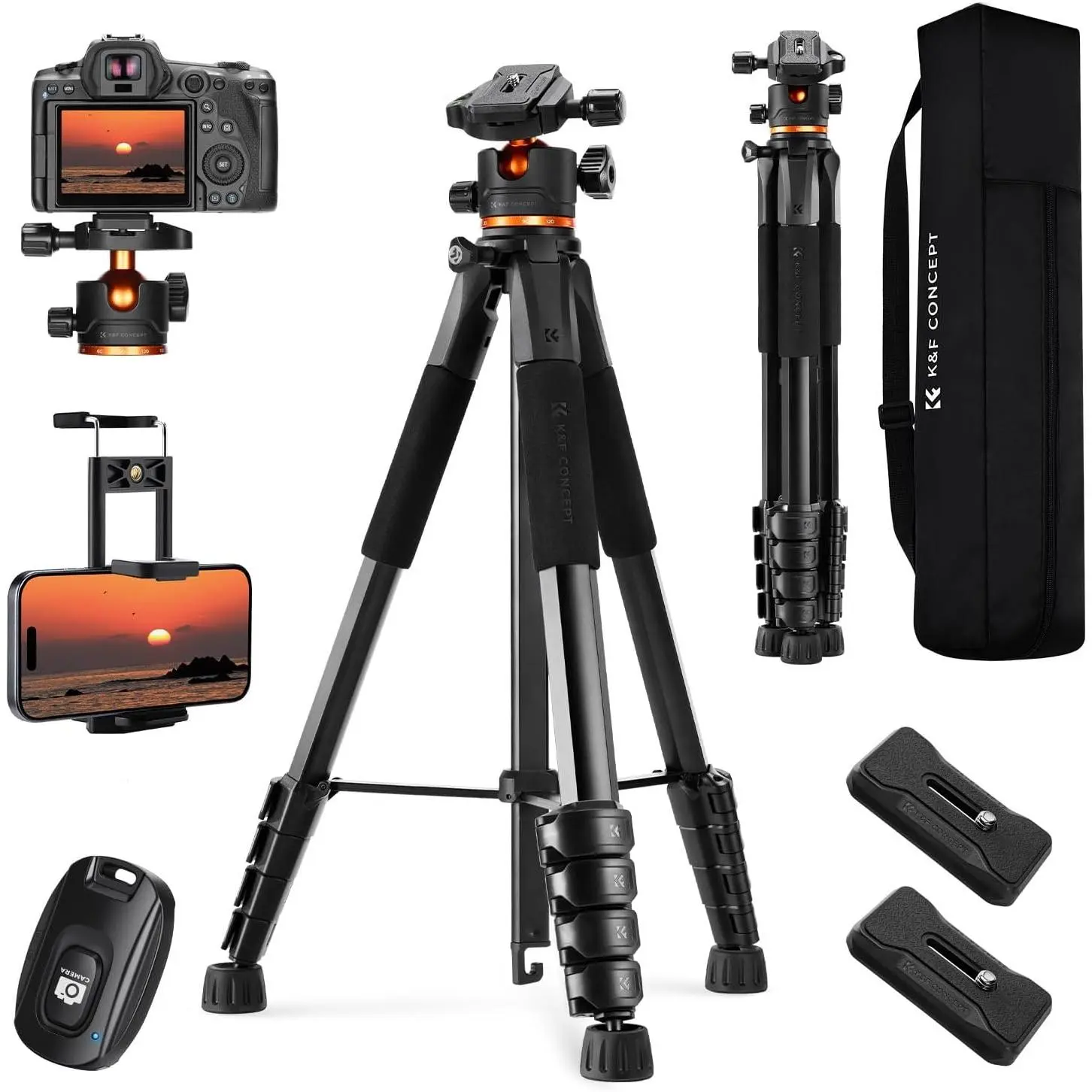 K&F CONCEPT 75 inch/190cm Adjustable Portable Camera Tripod with Rubber Grip, 360-Degree Ball Head (8kg/17.6lbs Load), Cellphone Clip & Remote Control for DSLR, Travel Outdoor Use (S255A3+BH-36)