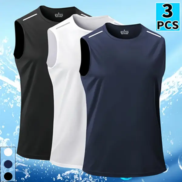 Men’s Three-Piece Tank Top Set – Breathable, quick-dry sleeveless tops suitable for summer workouts, running, and training; crew neck design; polyester fabric; black/white/navy color options; sportswear graphic shirts