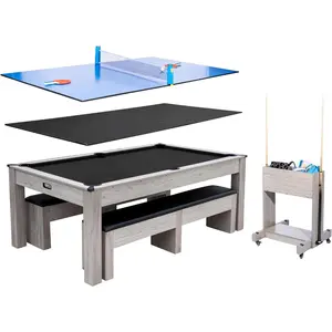 Black,7FT 3-in-1 Pool Table with Dining Top & Table Tennis | Billiard Table Set with Accessories (Balls, Cues, Ping Pong) | HDF Wood Grain Finish | Includes Rolling Storage Caddy