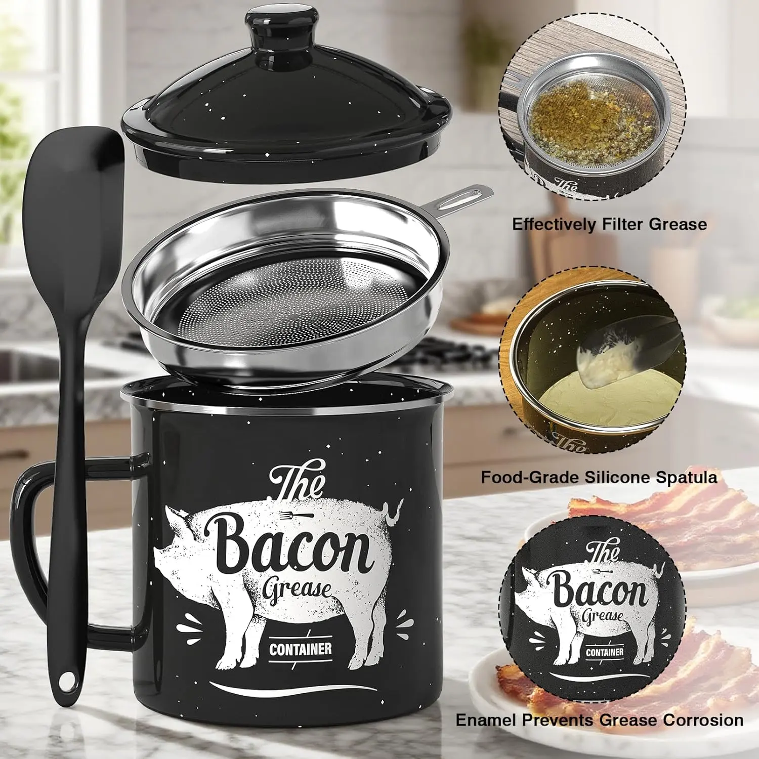 PGYARD Bacon Grease Container Set, 46OZ Large Enamel Grease Saver with Strainer, With Silicone Spatula, Cooking Oil Container for Kitchen Fat Storage, Vintage Farmhouse Kitchen Decor Gift, Dishwasher Safe homeessentials