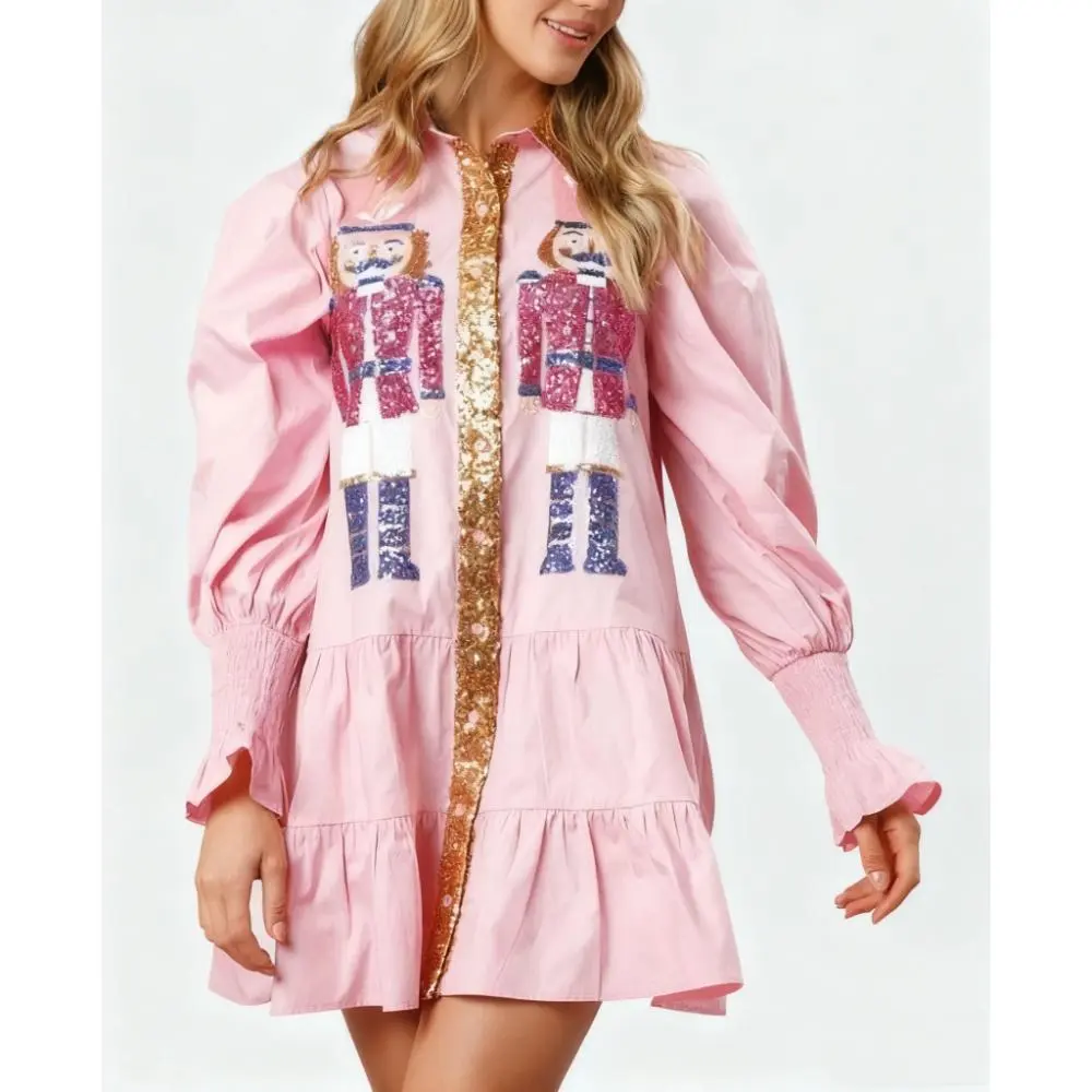 Women's Holiday Sequin Dress Nutcracker Graphic Shirt Dress Christmas Skirt & Cute Festive Clothing with Sparkling Sequins and A-line Tiered Skirt