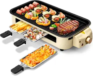 SUSTEAS 1500W yellow electric grill—smokeless indoor cooking with non-stick plate,3 raclette pans & dishwasher-safe parts. Great for steaks, hot dogs & more! Portable Outdoor Griddle