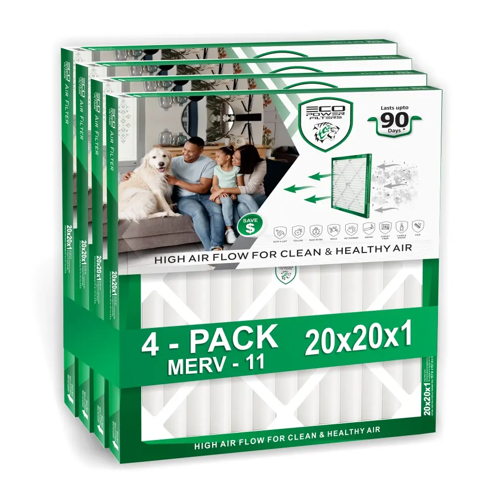 ECO POWER 20x20x1 (4 PACK) MERV 11 Pleated HVAC Air Filter – High Efficiency Furnace & AC Filter for Dust, Pollen & Pet Dander (Actual Size 19.75 x 19.75 x 0.75)