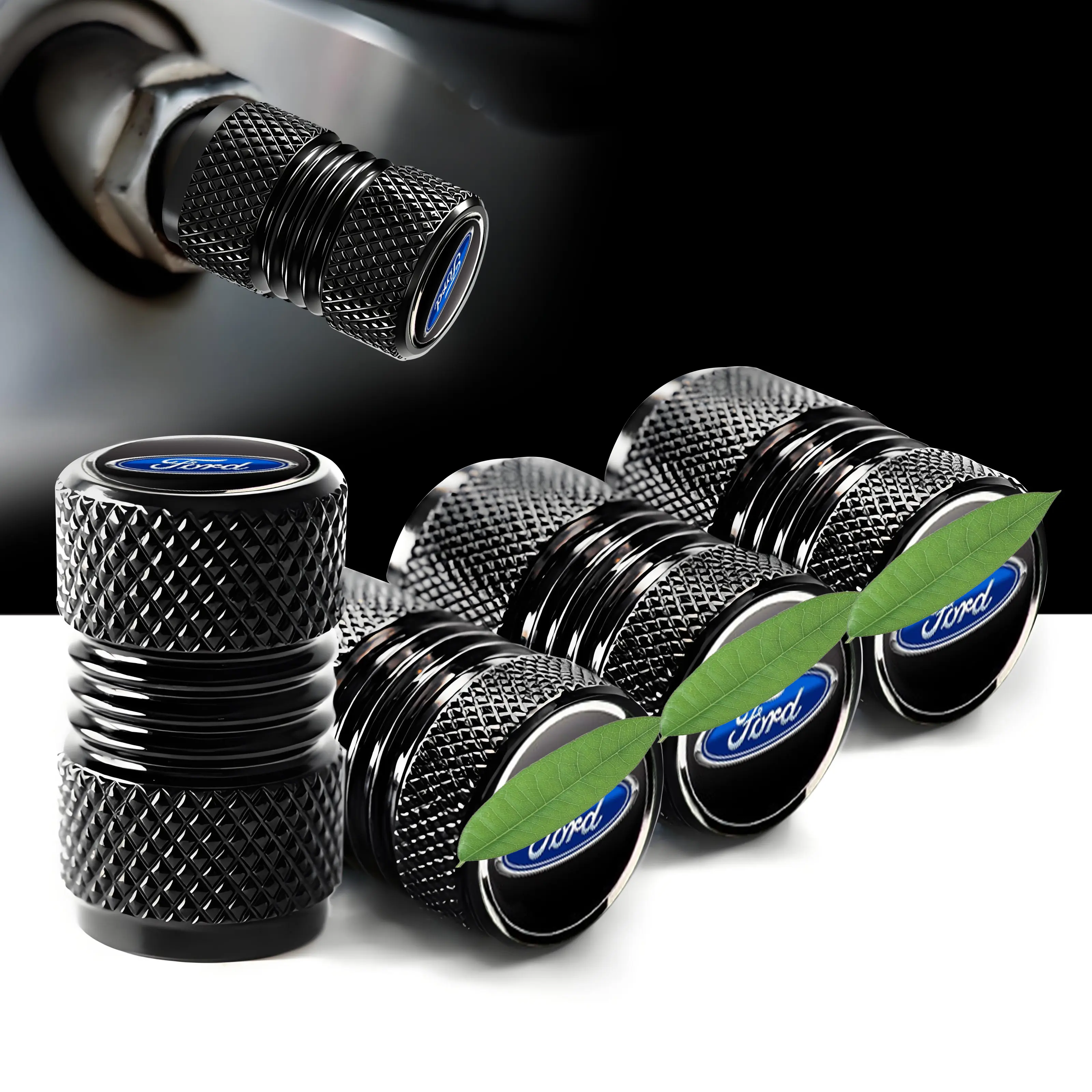 Ford-Compatible 4-Pieces Aluminum Alloy Tire Pressure Caps Set, Corrosion Guard, Dustproof, Waterproof, Light, Durable Vehicle Accessories Auto Replacement Parts with Valve Protection