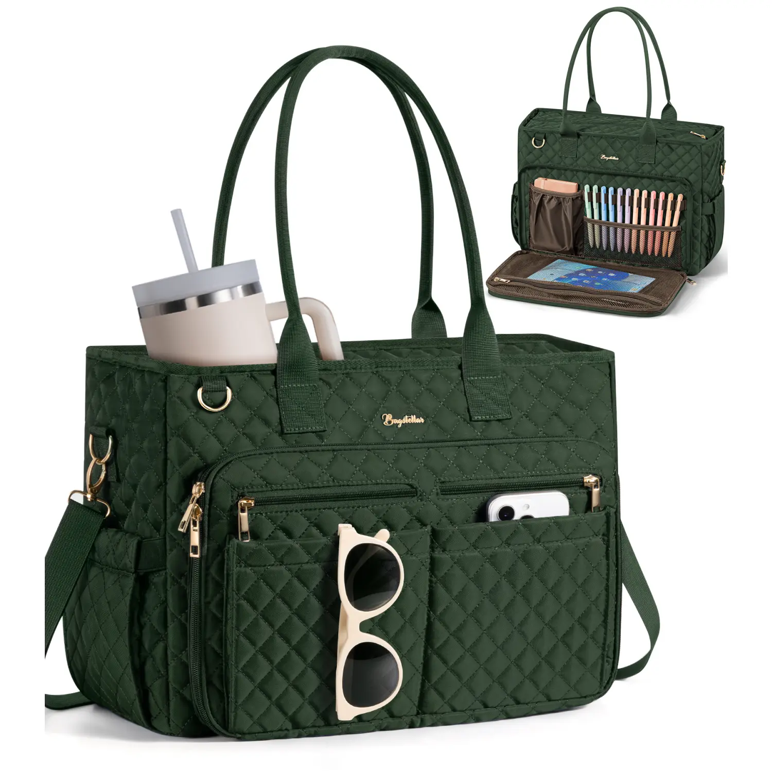 Bagstellar Teacher Tote Bag for Women,15.6 inch Laptop Work Bag with Large Cup Holder&Insulated Pocket, Waterproof Quilted Utility Travel Bag,Shoulder Crossbody Handbag for Mom Wife Teacher Nurse Bible,Daily,School,dorm essentials,home decor