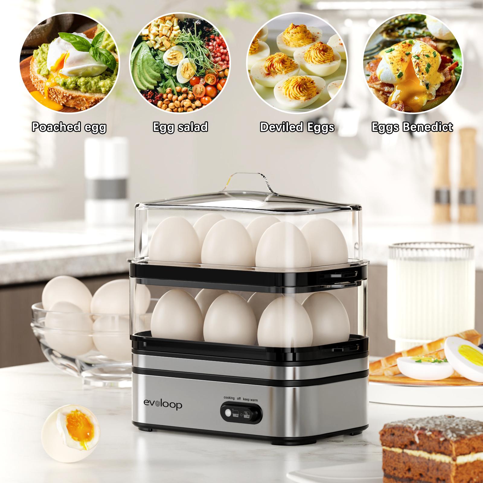 EVOLOOP Rapid Egg Cooker Electric 12 Eggs Capacity, Soft, Medium, Hard Boiled, Poached, Omelet Maker Egg Poacher & Vegetable Steamer, BPA Free Tray