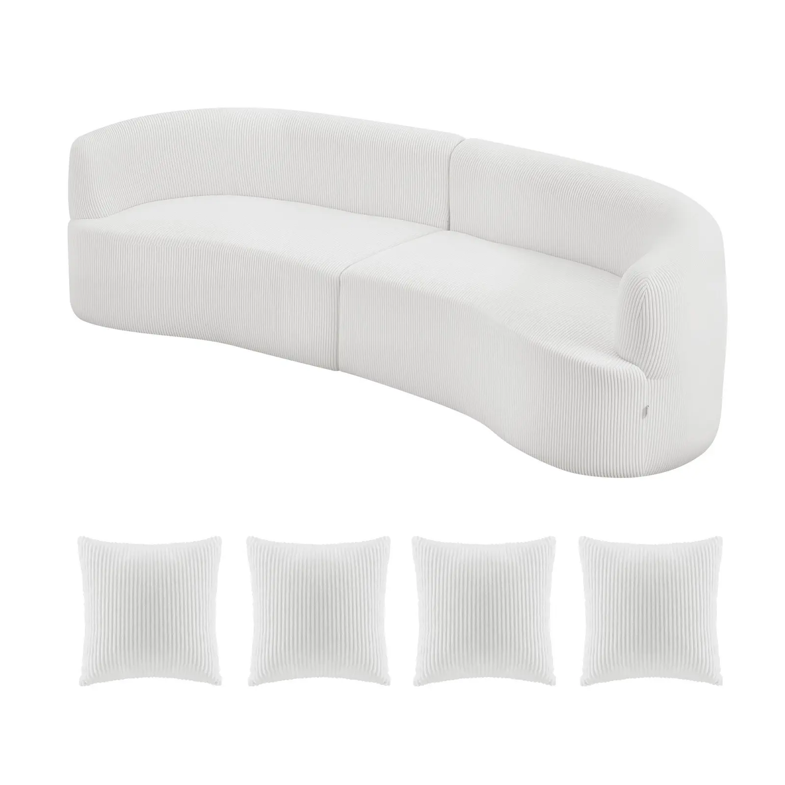 Luxury Modern Cloud Plush 112-Inch Curved Modular Sectional Sofa With Four Pillows, Oversized Deep-Seat Corduroy Upholstery In White For Living Room, Apartment, And Office - No Assembly Required