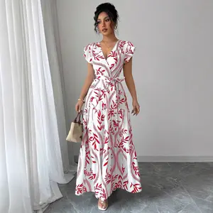 Floral V Neck A-Line Dress for Women – Short Sleeve Tie Front Ruffle Hem Summer Vacation Beach Party Dress, Casual Maxi Vneck  Womenswear Fitted
