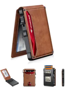 Fashionable minimalist men's ultra-thin wallet: 9-13 cards, wallet, ID card window. RFID Shielded, Aluminum Double Folding Pop up Spring Declaration